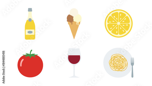Collection of food and drink icons including tomato, lemon, ice cream, wine, pasta, and plate illustrations.