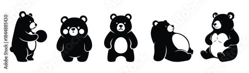 Adorable collection of minimalist black bear characters in various playful poses, perfect for charming designs