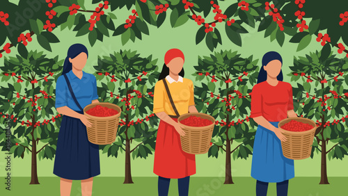 People harvesting oranges in a lush orchard with baskets under verdant trees.