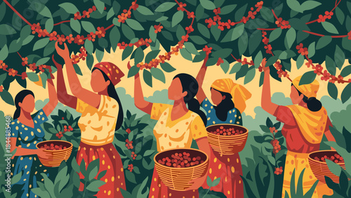 Women Harvesting Fresh Fruit in a Bright Orchard Scene with Baskets.