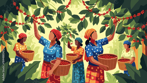 Vibrant harvest scene of women gathering fruit together.
