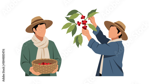 Two farmers picking ripe berries from a plant with baskets and hats on a sunny day.