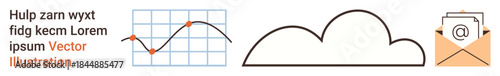 Business analysis, data trends, digital storage, cloud computing, email communication, tech services. Line graph, cloud and envelope icon design. Business analysis and data trend concept