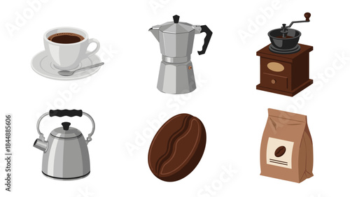 A collection of coffee making essentials including cups, moka pot, grinder, kettle, beans, and a bag of ground coffee.