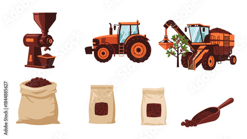 Collection of farm machinery and grain sacks in a rustic agricultural scene.
