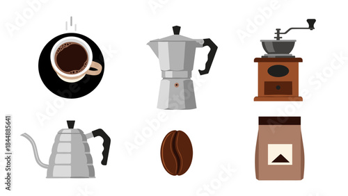 Assorted coffee brewing equipment with cup, moka pot, grinder, kettle, and beans for a cozy kitchen scene.