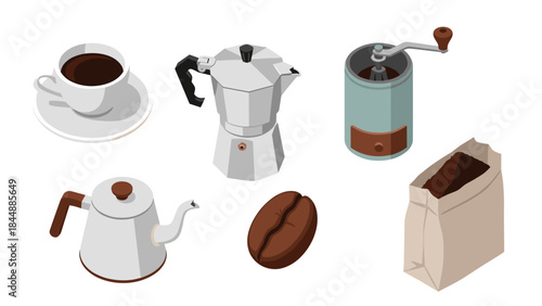 Assorted coffee brewing gear and beans arranged on a wooden surface for home beverages.