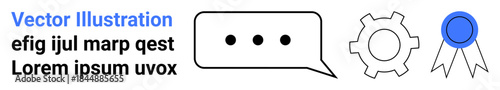 Speech bubble with text, mechanical gear, and blue award ribbon for communication, efficiency, and success themes. Ideal for education, business, teamwork, innovation strategy progress simple