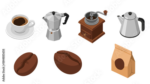 Assortment of coffee gear including moka pot grinder french press drip brewer and roasted beans with a bag of coffee for brewing.