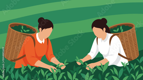 Two farmers harvesting leafy greens together in a rural garden setting, showcasing teamwork and outdoor farming activity.