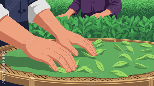 Hands Arrange and Press Fresh Green Tea Leaves on a Bamboo Drying Rack in a Harvest Processing Scene.