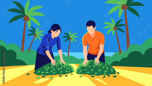 Two People Planting Greenery on a Sunny Beach Under Palm Trees.