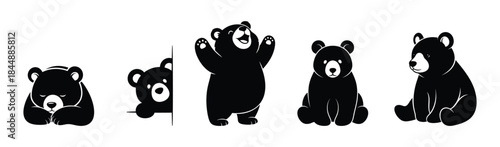 Cute Black Bears Cartoon Characters in Different Poses