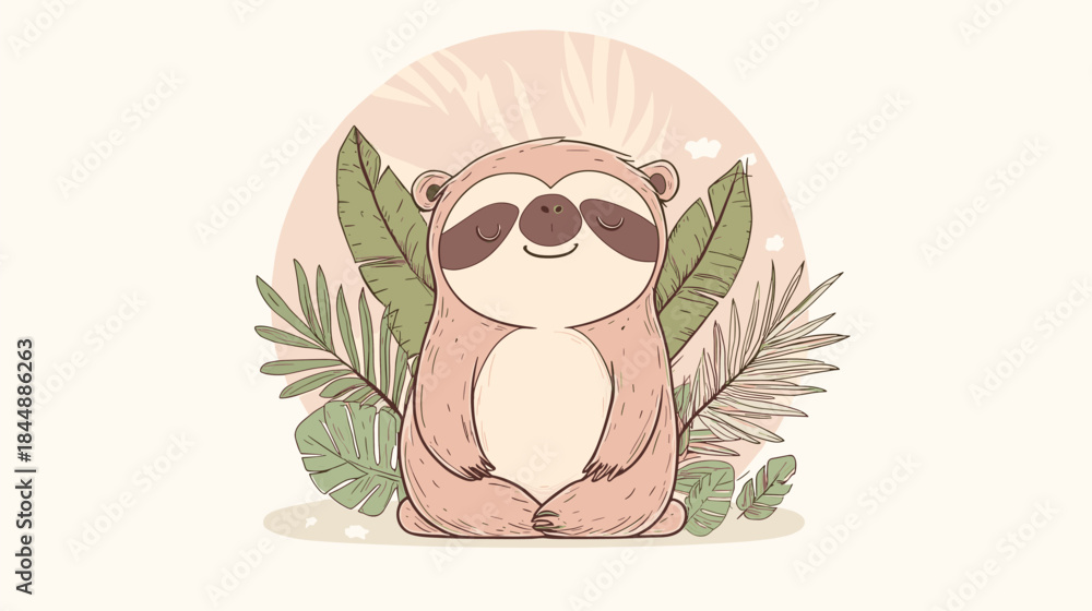 Naklejka premium Meditative Sloth in Lotus Position Surrounded by Tropical Foliage.