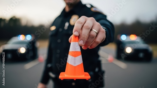 Fototapeta Naklejka Na Ścianę i Meble -  Police officer holding a small orange traffic cone with two patrol cars in the background