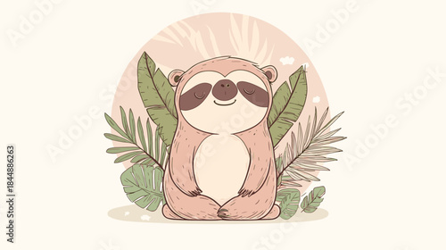 Meditative Sloth in Lotus Position Surrounded by Tropical Foliage.