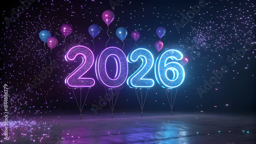 Happy new year 2026 celebration with glowing neon numbers, balloons, and confetti in dark background, new year, celebration, happy new year, occasion