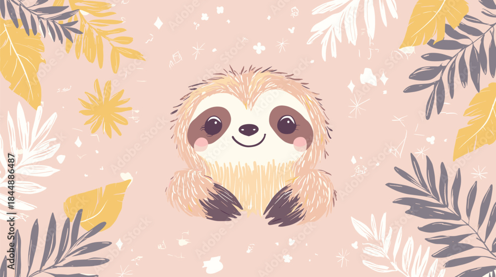 Naklejka premium Adorable Sloth Portrait with Tropical Leaves Illustration.