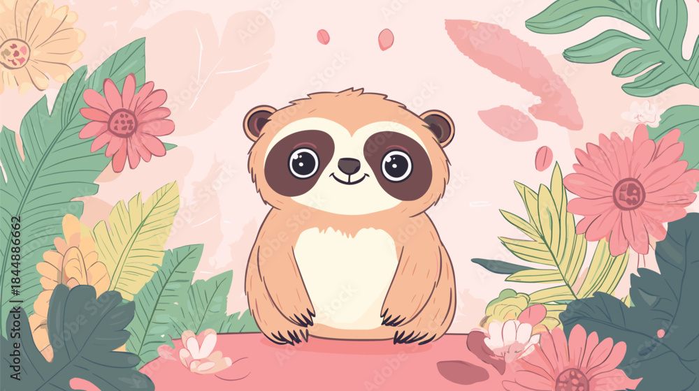 Naklejka premium Adorable Sloth Illustration Surrounded by Tropical Flowers and Foliage.