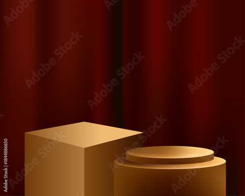 赤いカーテンを背景に、金色の円柱と立方体の台座を配置した高級感のあるディスプレイデザイン。商品展示や広告、ブランド演出に使えるベクターイラスト。