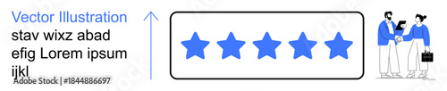 Business feedback, client satisfaction, customer review, quality assurance, teamwork, collaboration. Five-star rating with two people exchanging ideas. Business feedback and client satisfaction