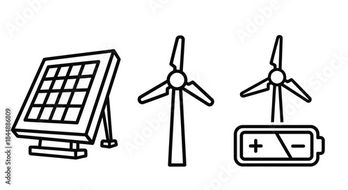 Renewable Energy Icons - Solar Panel, Wind Turbine, and Battery Storage.