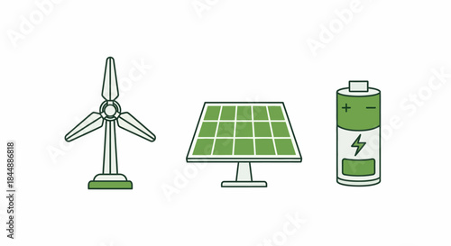 Renewable Energy Sources - Wind Turbine, Solar Panel, and Battery Illustration.