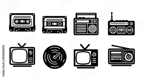 Retro Media Icons - Cassette Tapes, Boombox, Vinyl Record, and Television Sets in Black and White.
