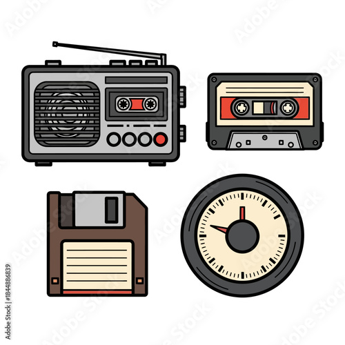 Retro 80s 90s technology collection - radio cassette player, audio tape, floppy disk, and vintage timer.