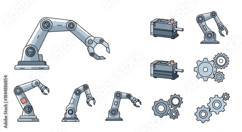 Robotic Arm and Mechanical Components Illustration Set.