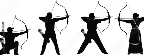 Archer silhouette collection, traditional bow and arrow shooting poses, male and female archery figures, isolated black vector illustration set
