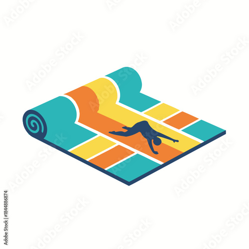 Rolled-Up Yoga Mat with Geometric Design and Silhouette of Person in Pose.