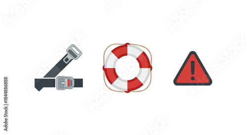Safety and warning symbols collection - car seatbelt, lifebuoy, and triangular exclamation mark sign.