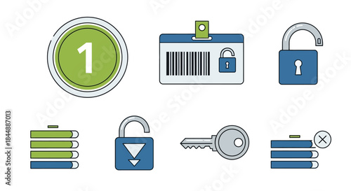 Security and Access Control Icons - Badge, Key, Padlock, and Progress Indicators.