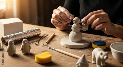 A person sculpts a small clay snowman on a table with various modeling tools and miniature animal