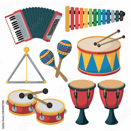 Colorful musical instruments vector illustration featuring drums accordion xylophone and percussion for music education