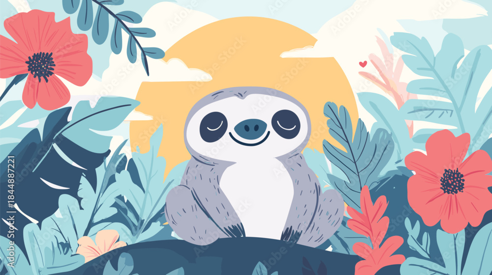 Naklejka premium Cute Sloth Surrounded by Tropical Foliage and Flowers Illustration.