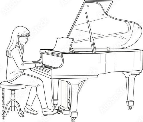 Black and White Line Drawing of a Girl Playing a Grand Piano, Illustrating Music Education, Performance, Classic Instrument Practice, and Artistic Skill Development