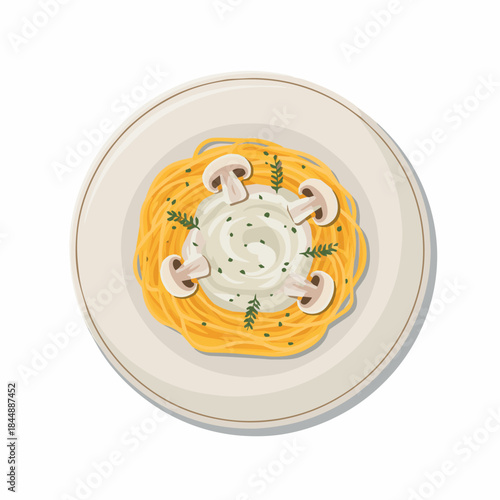 Delicious spaghetti pasta with creamy sauce and mushrooms recipe food photography and illustration art
