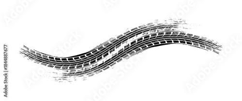 Auto tire tread grunge element. Car and motorbike tire patterns, wheel tread marks. Black tire print. Vector illustration