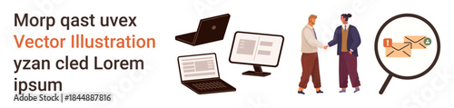 Business communication, teamwork, digital devices, online security, collaboration, email protection. Two people shaking hands, laptops desktop monitors and email under magnification. Business