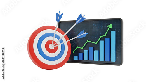 Business success concept with target bullseye achievement and upward growth graph illustration