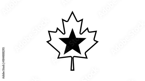 Black and white illustration of a maple leaf with a star on a plain background