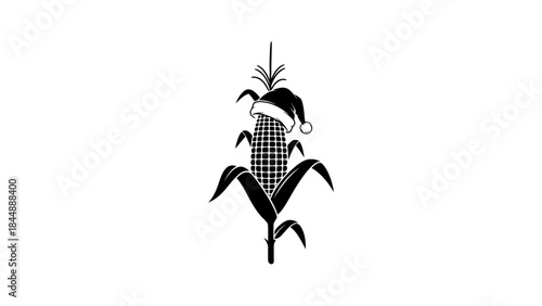 Black silhouette of an ear of corn with husk and leaves on white background.