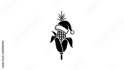 Black silhouette of an ear of corn wearing a Santa hat on white background.
