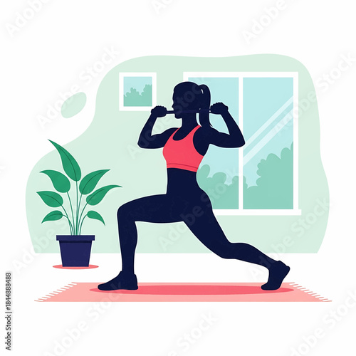 Silhouette of a Woman Performing a Lunge Exercise with Dumbbells in a Brightly Lit Room