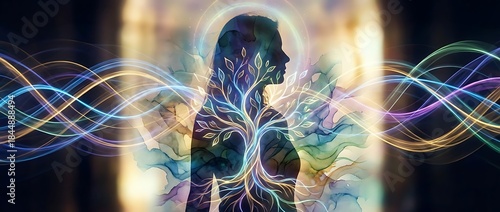 光の軌跡と抽象美が重なる二重露光の人影シルエット