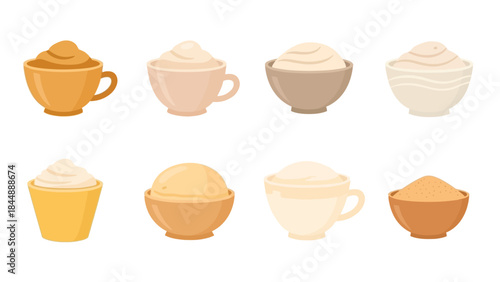 Variety of Creamy Delights: Assortment of diverse coffee or food, each showcasing unique textures and shades. capturing the essence of culinary creativity and satisfaction.