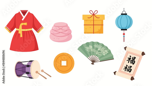 Korean Cultural Symbols: A vibrant array of traditional Korean cultural elements comes to life in this illustration, showcasing a colorful ensemble of symbols.