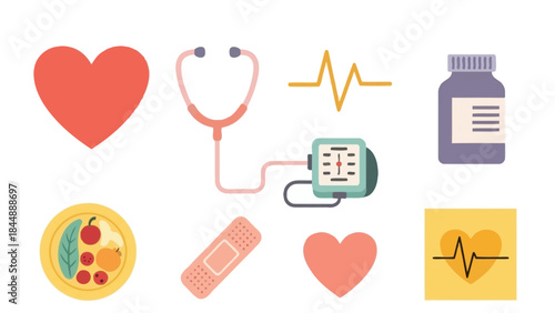 Healthy Lifestyle Elements: A collection of health and wellness illustrations, including a vibrant heart, stethoscope, and pill bottle, symbolizes a balanced lifestyle.